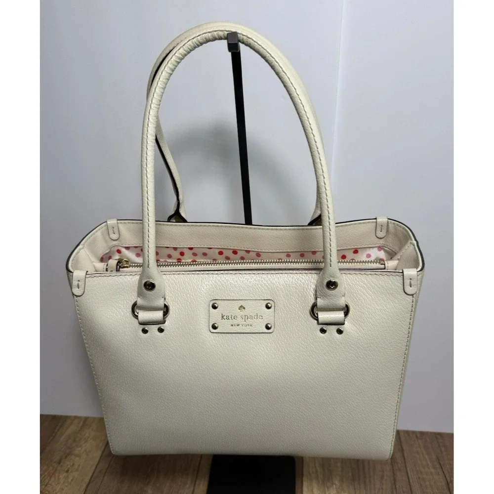 Kate Spade WELLESLEY QUINN Ivory SATCHEL‎ TOTE w/Pink Polka Dot Interior EUC